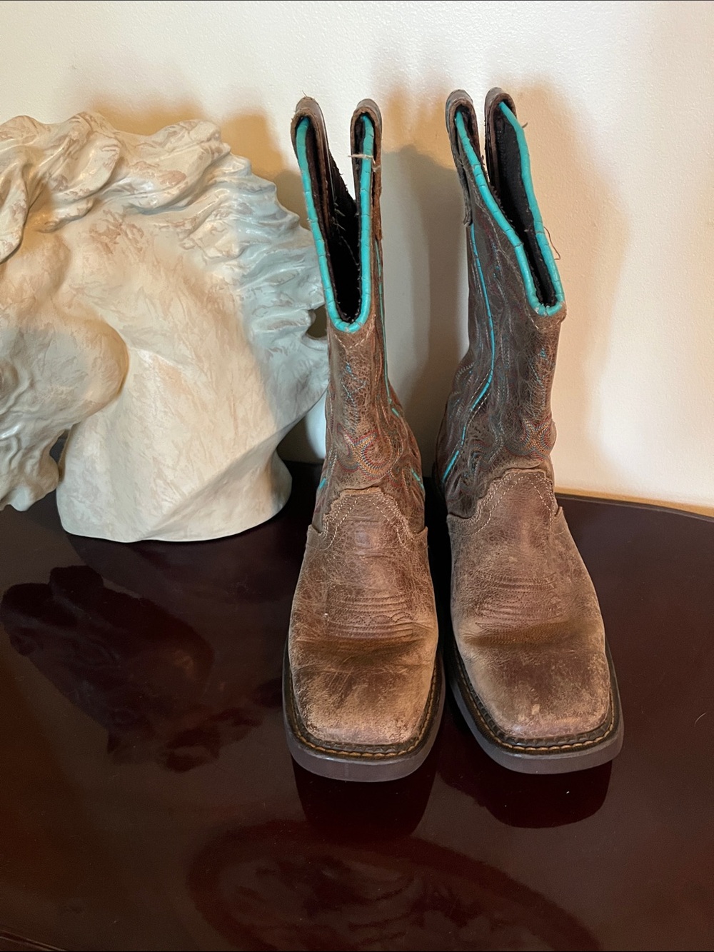 Justin Boots Brown Leather Cowboy Boots with Teal Lining